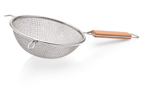 Großküchensieb. Griff mit Holzeinlage. Chromnickelstahl. mit mittelfeinem Gewebe aus