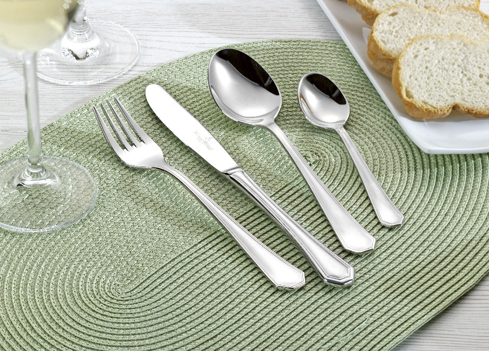 24-teiliges Besteck MODENA aus Edelstahl 18/10, poliert. Messer aus Klingenstahl.