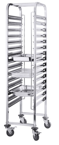 Regalwagen GastroNorm 1/1 aus Edelstahl, 15 Doppelauflageschienen nach DIN 18867-2 mit beidseitiger Kipp- und Durchschubsicherung zum