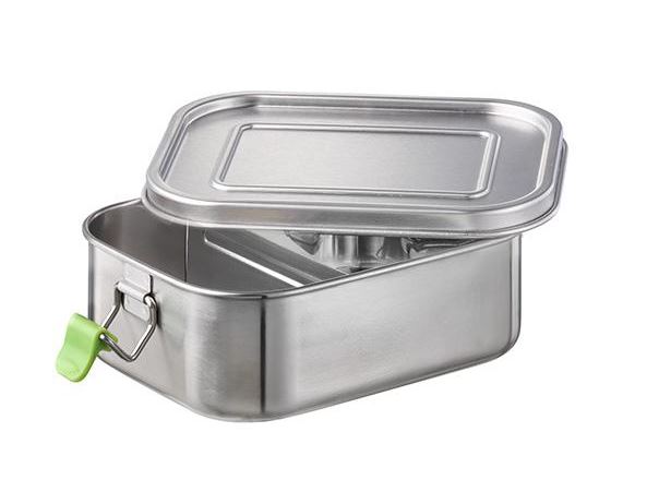 Lunchbox XL mit hygienischer Edelstahloberfläche, Silikondichtung und Trennsteg. Maß: 22,5 x 16,5 x 6,5 cm mit 1,4 l Kapazität.