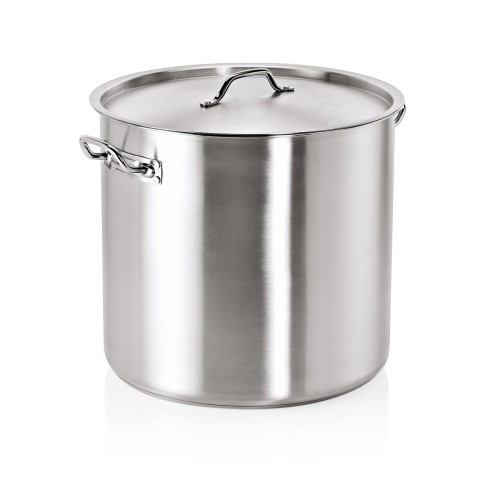 Suppentopf mit Deckel, mit Kapselboden und angenieteten Kaltgriffen. Material: Chromstahl 18/0. Inhalt in Litern: 47. Durchmesser: 40 cm.