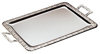 Tablett -SCHÖNER ESSEN- 75 x 44,5 cm 18/0 Edelstahl, mit Dekorrand Griffe Zinkdruckguss verchromt Griffe fest genietet