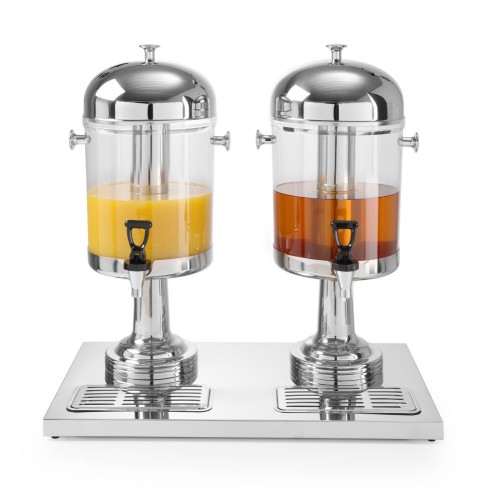 Doppel-Saftspender 2 x 8 Liter mit Eiszylinder zum Abkühlen. Einfach zu reinigen, mit Tropfschale.