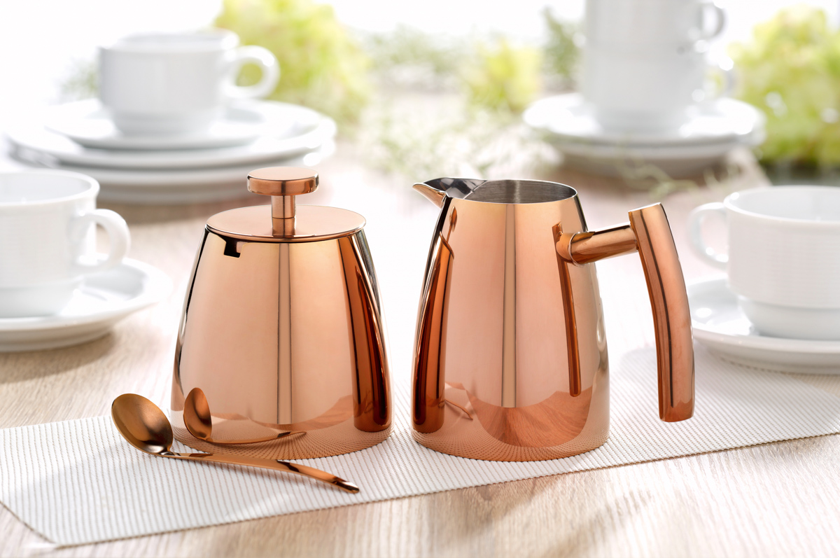 Milch- und Zuckerset CAMBRIDGE, mit PVD-Beschichtung, Farbe: Kupfer. aus 18/10 Edelstahl, poliert.