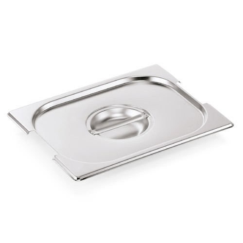GN 1/2 Deckel, Materialstärke 0,6 mm, mit Aussparung für Fallgriffe. Material: Chromnickelstahl. Serie: GN 73.