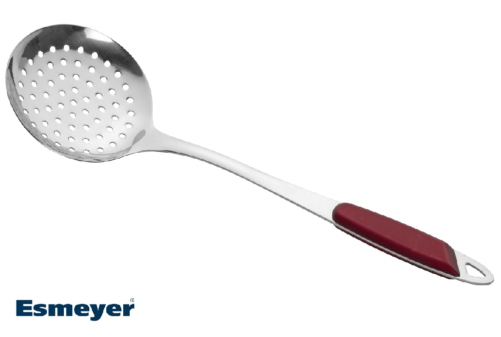 Schaumlöffel TOLEDO, bordeaux-rot, Edelstahl 18/0, 2,5 mm dick, hochglanzpoliert, mit Kunststoff-Griffschalen, auf Hängekarte