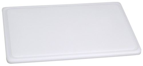 Schneidbrett mit  Saftrille aus weißem niederdichten Polyethylen, nichttoxisch, spülmaschinengeeignet, hitzebeständig bis +90C,