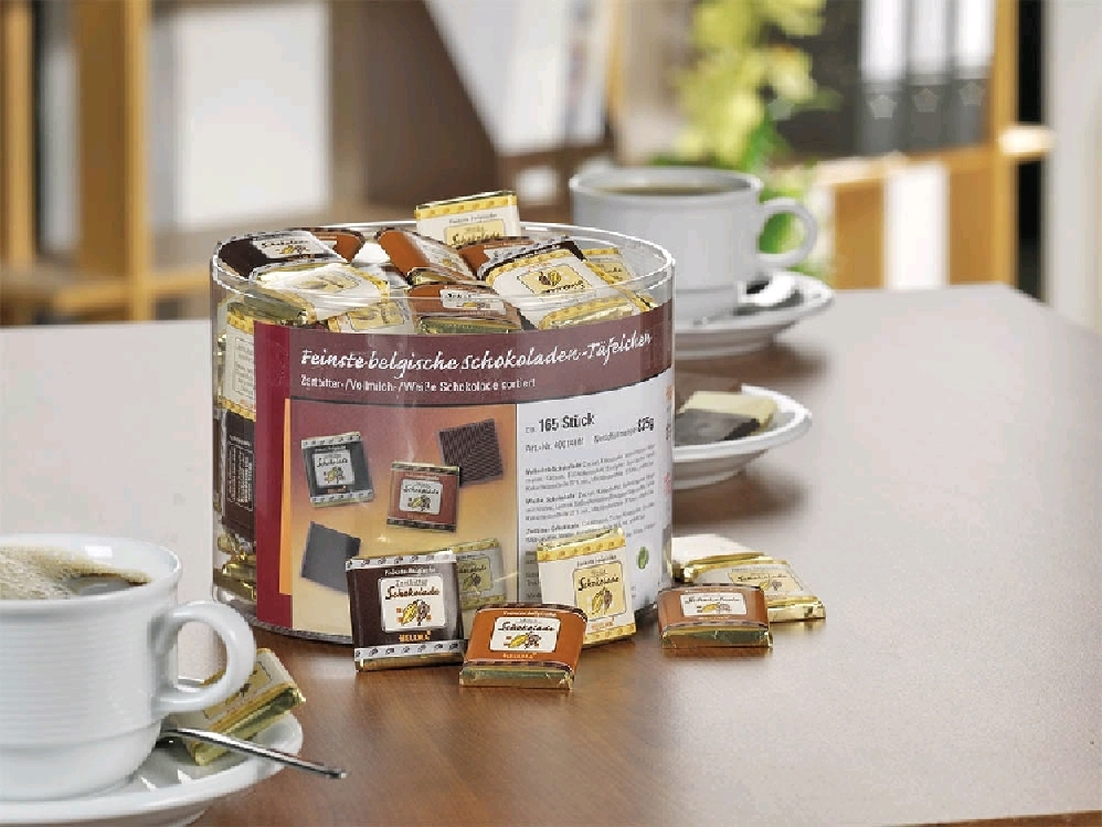 Hellma Belgische Schokoladen-Täfelchen, Inhalt: 165 Stück à 4,5 g je Runddose.