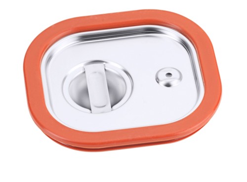 GN-Deckel mit Gummidichtung aus Edelstahl 18/10, seidenmatt poliert, mit Griffmulde und Loch gegen Unterdruck,