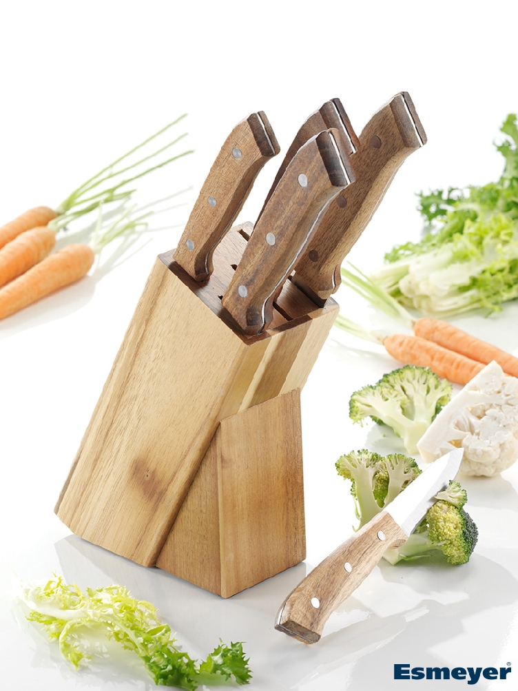 5-teiliges Messerset PHOENIX aus Edelstahl (Klingenstärke: 1.8 / 1.5 mm), mit genieteten Griffschalen aus edlem Akazienholz.