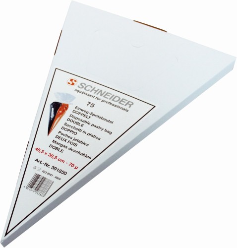 Einweg-Spritzbeutel "DUPLO" (=2 Beutel in einem). 455 x 305 mm,70 my, gebündelt. Doppelspritzbeutel mit Trenneinlage für. zwei