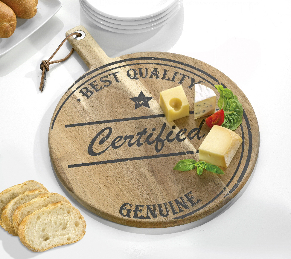 Schneid-/Servierbrett ORLANDO aus Akazienholz, rund, mit Griff. Durchmesser 35 cm, Stärke 1,5 cm. Mit Druckmotiv und mit Lederband zum Aufhängen.