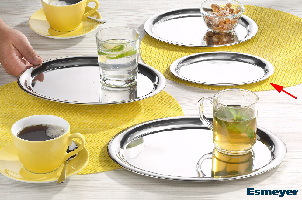 Ovales Serviertablett DAILY aus Edelstahl 18/10, hochglänzend, mit gebördeltem Rand, Länge: 20 cm, Breite: 14,5 cm, Höhe: 1,1 cm,