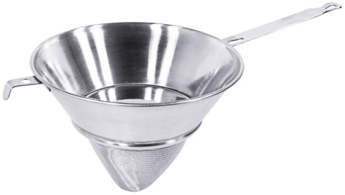 Gazespitzsieb mit Flachstiel, aus Edelstahl 18/10, seidenmatt poliert, mit feinem Gazesieb und Stützstiel zum Einhaken in Topfrand,