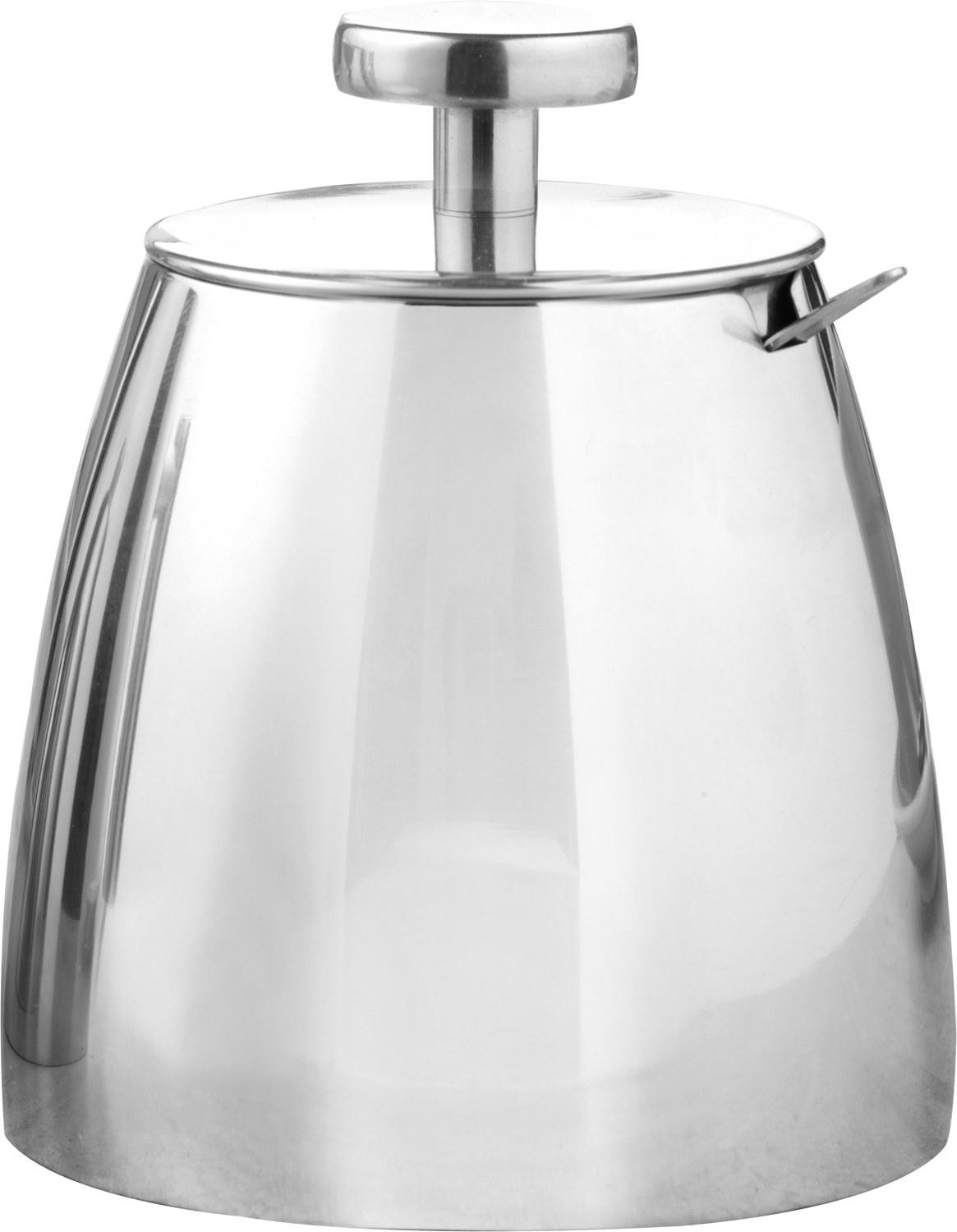 Zuckerdose "Cambridge"von caterado, mit Deckel u. Löffel. Edelstahl 18/10, poliert. Höhe ohne Deckel 8,5 cm (mit 10,3 cm), Durchmesser 8,9 cm.