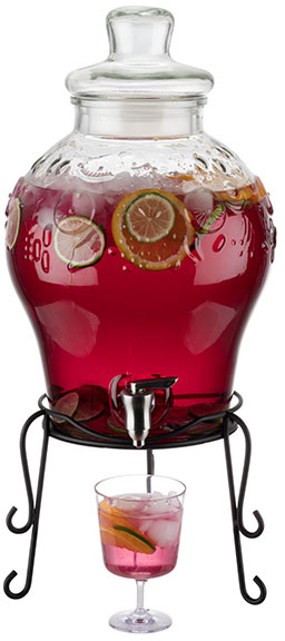 Getränkespender -FRUITS- Ø 25 cm, H: 58 cm, 10,5 Liter Behälter und Deckel aus Glas Dichtung aus Polyethylen Zapfhahn aus