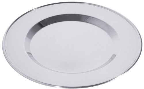 Platzteller, rund aus Edelstahl, hochglänzend, Materialstärke 0,8 mm, mit offener Umlaufkante Höhe: 1 cm, Durchmesser außen: 32 cm,