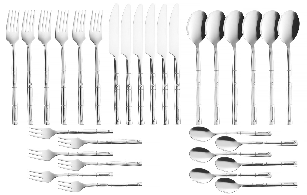 30-teiliges Besteckset SAIGON aus Edelstahl 18/10. Mit satinierten Ringen. Im asiatischen Stil ("Bambus"). Geschmiedete Qualität. Für 6 Personen.