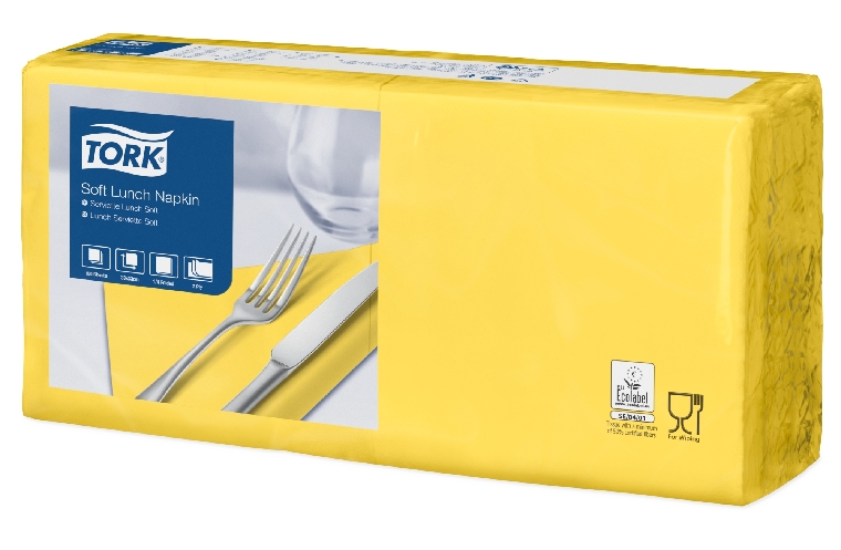 Tork Soft Lunchserviette, gelb, 3-lagig, 33 x 33cm, 1/4 Falz, Paket à 150 Stck.