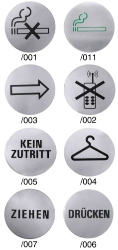 Hinweis-Türsymbole aus Edelstahl 18/10, seidenmatt poliert, 7,5 cm Durchmesser, Materialstärke 1 mm, Text aus schwarzem