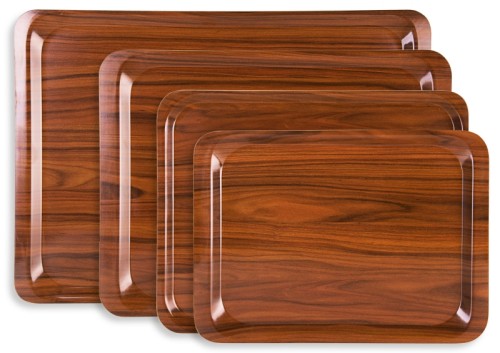 Serviertablett aus melaminbeschichtetem 3 mm-Pressholz mit Nussbaum-Dekor,