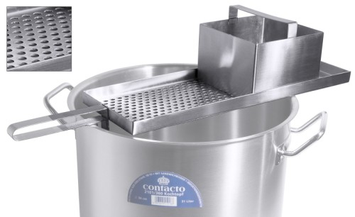 Spätzle-/ Knöpflehobel, groß für kurze Knöpfle aus Edelstahl 18/10, mit 7 mm Lochung, mit Topfhalterung, mit Ruhebereich für Schlitten