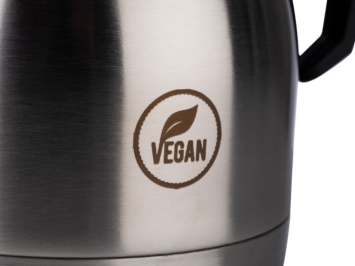Isolierkanne -CLASSIC-, Ø 14 cm, H: 19 cm, 1 Liter, Edelstahl, Polypropylen, doppelwandig, Einhandautomatik, für 8 Tassen, Gravur: VEGAN