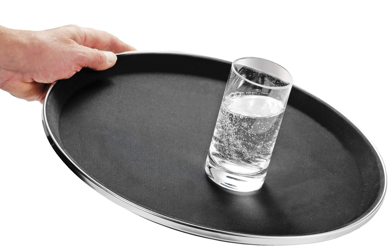 Antirutsch-Tablett TENNESSEE, Boden aus Fiberglas, Oberfläche aus Gummi, mit Edelstahlapplikation, stapelbar,