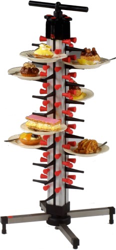 SARO Tellerstapelsystem Plate-Mate® Tisch Modell TM-36 Made in Europe - Material: (Fuß) Edelstahl, (Säule) Aluminium, (Stützen) Kunststoff