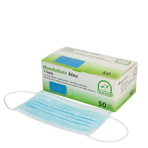 Medi-Inn Mundschutz Blau, Inhalt: 50 Stück 3-lagiges Vlies mit Nasenbügel, erfüllt die Anforderungen an OP-Masken Gemäß EN14683, Typ II