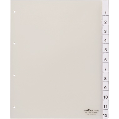 DURABLE Zahlenregister DIN A4, Überbreite 1-12 Hartfolie transparent