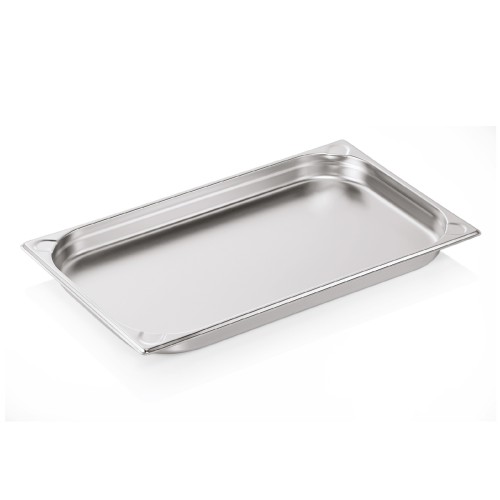 GN 1/1 Behälter, Materialstärke 0,6 mm, Randverstärkung durch geprägte U-Ecken. Material: Chromnickelstahl. Serie: GN 76. Inhalt in Litern: