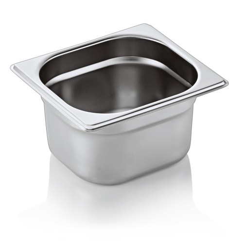 GN 1/6 Behälter, Materialstärke 0,6 mm. Material: Chromnickelstahl. Serie: GN 70. Inhalt in Litern: 1,6. Maße: Höhe: 100 mm