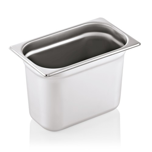 GN 1/4 Behälter, Materialstärke 0,7 mm. Material: Chromnickelstahl 18/8. Serie: GN 90. Inhalt in Litern: 5,5. Maße: Höhe: 200 mm
