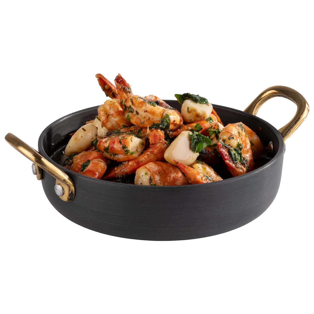 Serviertöpfchen, Ø 15 cm, H: 4 cm, Aluminium, anthrazit, Griffe aus Messing, 0,5 Liter, Abmessung mit Griffen: 20 x 15 cm, H: 6 cm