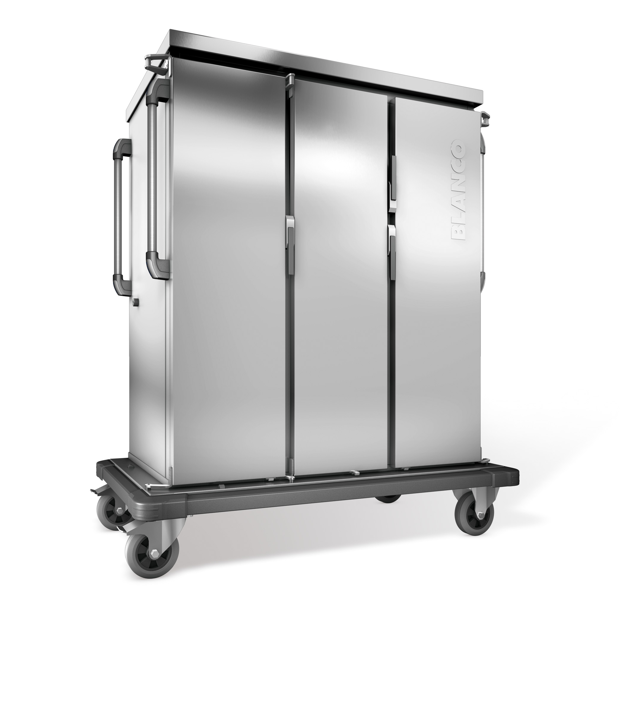 BLANCO Tablett-Transportwagen, doppelwandig, isoliert, 3 Flügeltüren / 3 Schrankräume, 4 stahlverzinkte Rollen Ø 160 mm, 2 Bockrollen und 2