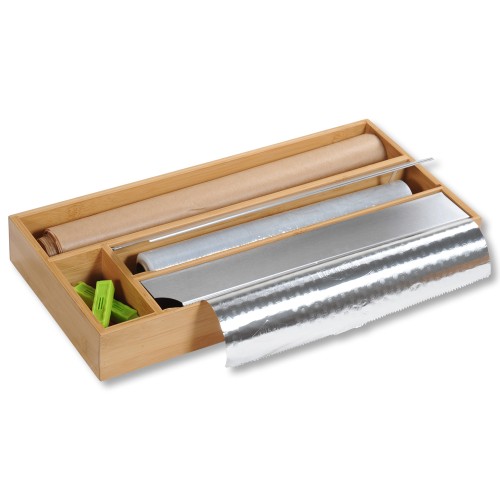 Kesper Folienspender mit 4 Fächern, aus FSC- zertifiziertem Bambus. Maß: 42 x 19 x 5,4 cm