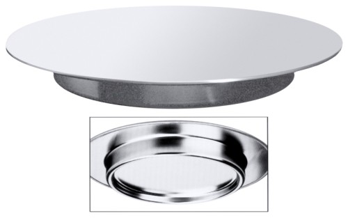 Tortenplatte aus Edelstahl 18/10, seidenmatt poliert, der geschlossene Fuß ist vollständig mit dem Rand der Auflageplatte