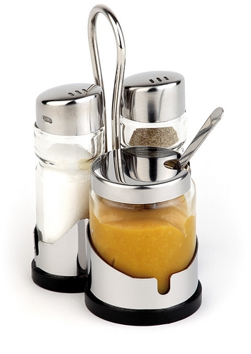 3-tlg. Menage -ECONOMIC- 8 x 8 cm, H: 12 cm Edelstahl, Glas, ABS Pfeffer- und Salz-Glasstreuer Senf-Töpfchen Löffel