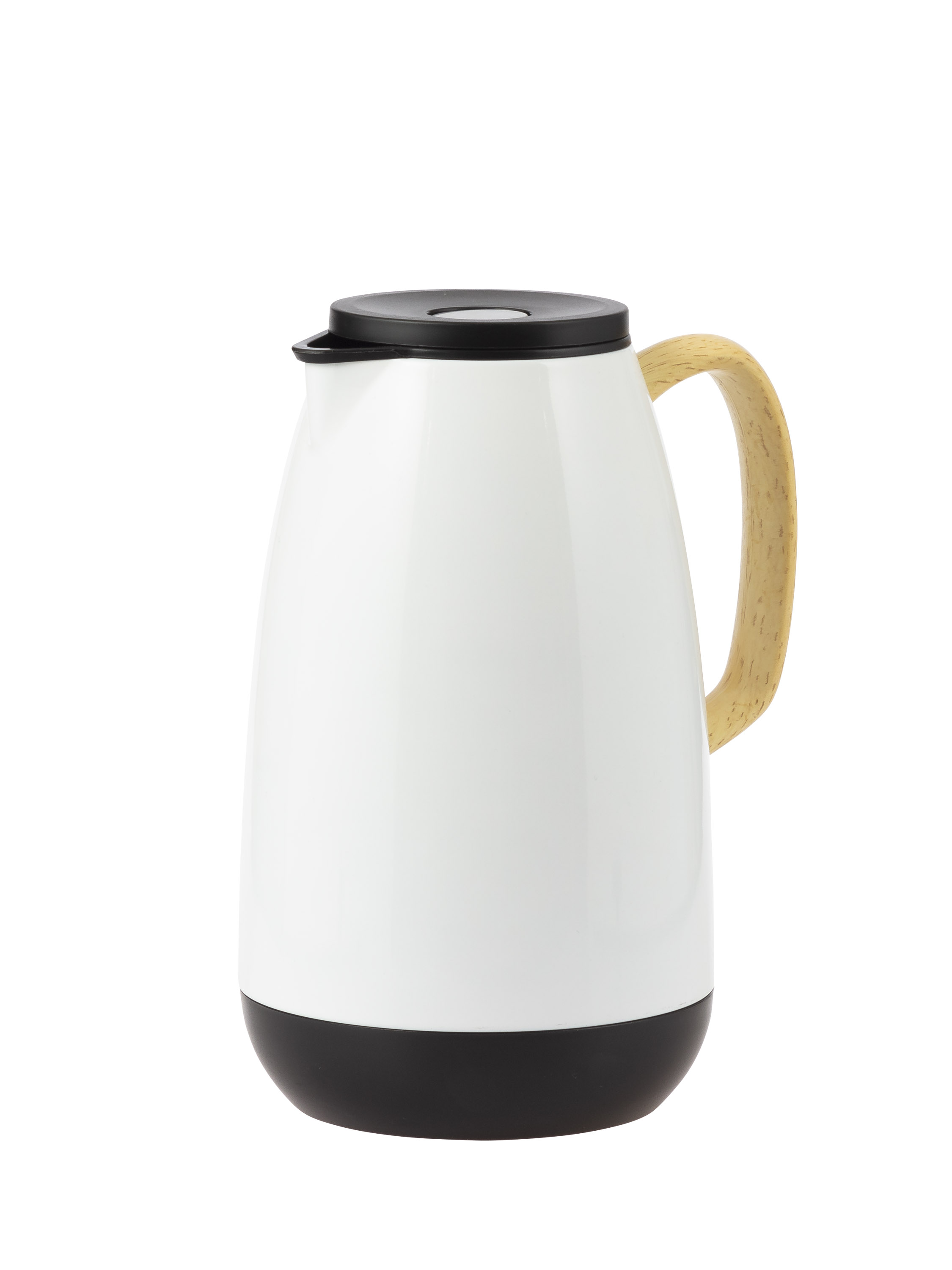 Isolierkanne NATURE, Inhalt 1,0 Liter, lackierter Edelstahl mit Glaskolbeneinsatz. Farbe: weiß, Griff in Holz-Optik,