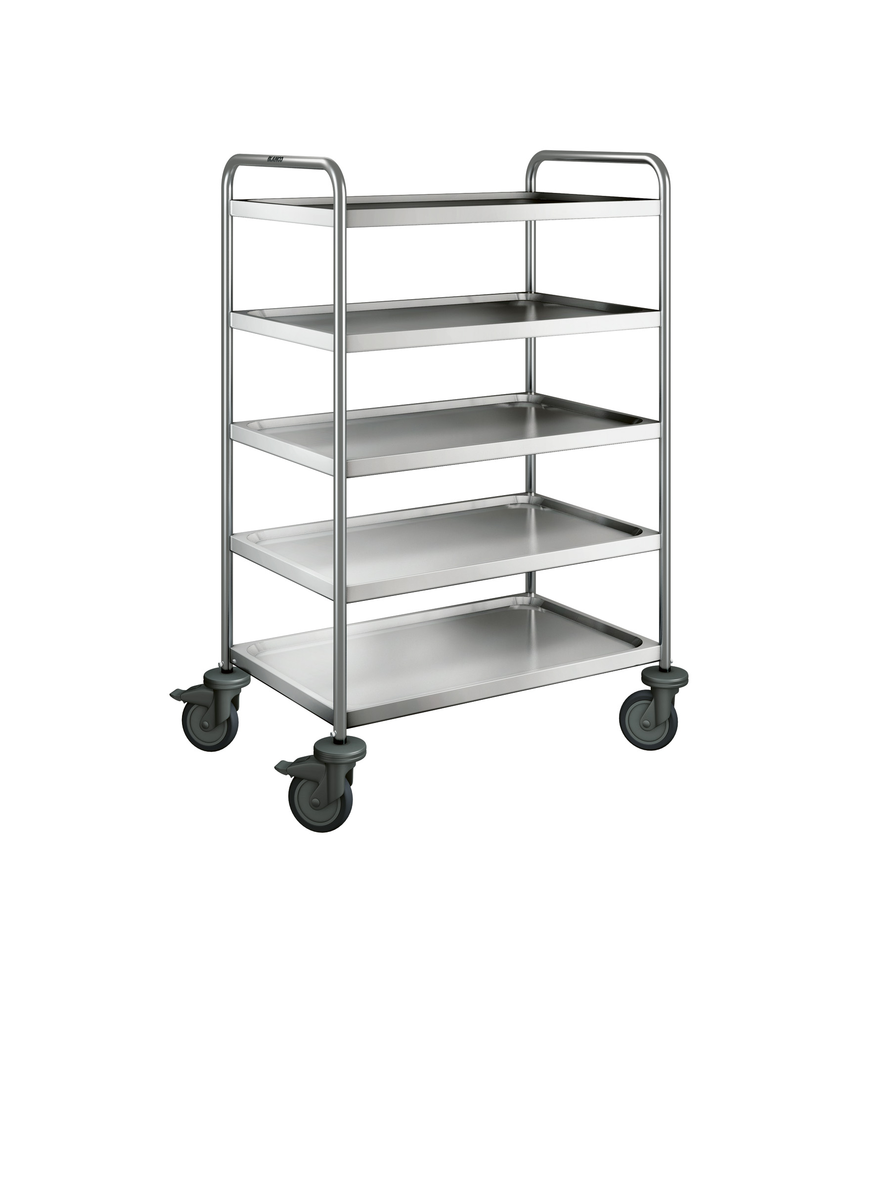 BLANCO Servierwagen aus rostfreiem Edelstahl mit Kunststoffrollen, 4 Lenkrollen Ø 125 mm, davon 2 mit Feststeller, Maße der Borde: 5 Borde 800 x 500