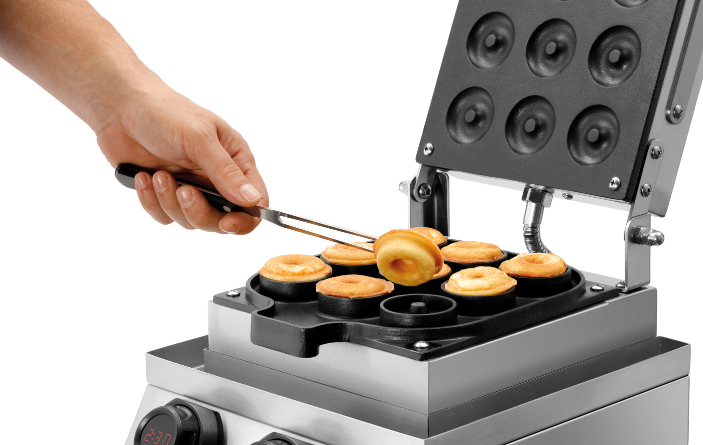 Bartscher Waffeleisen MDI Donut 900 |Eigenschaften: 1 Backeinheit mit 9 Donuts | Maße:30 x 45 x 25,0 cm. Gewicht: 9,4 kg