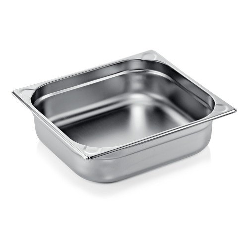 GN 2/3 Behälter, Materialstärke 0,6 mm, Randverstärkung durch geprägte U-Ecken. Material: Chromnickelstahl. Serie: GN 76. Inhalt in Litern: