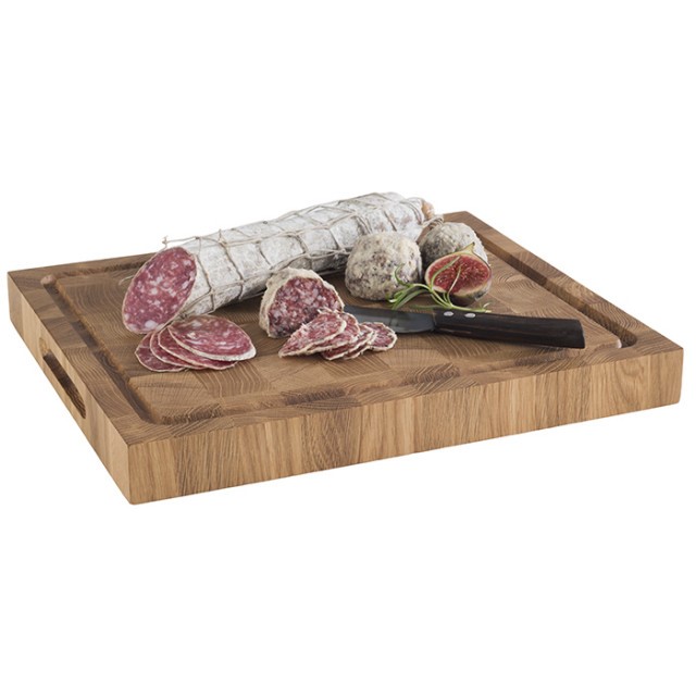 APS Buffetbrett -PROFI-, 38 x 32 cm, H: 4,5 cm, Eichenholz, mit Saftrinne, mit 2 seitlichen Eingriffen, mit Antirutsch-Füßchen