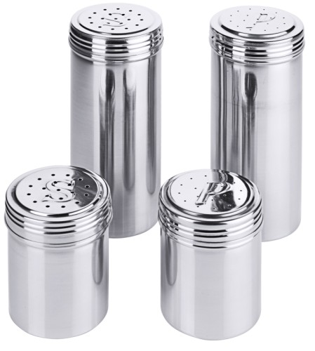 Salz-/Pfefferstreuer (hier: Salzstreuer mit 2 mm Lochung) aus Edelstahl, mit Schraubkappe, hochglänzend, schwere Qualität
