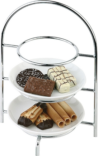 Serviergestell 18,5 x 15,5 cm, H: 26 cm Metall hartverchromt für 3 Teller innerer Ring ca. Ø 10,5 cm für Teller bis max. Ø 17