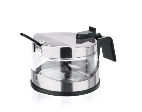 Parmesan/Marmeladen Menage. Parmesan Menage. Unterteil aus Kunststoff/Behälter aus Glas.