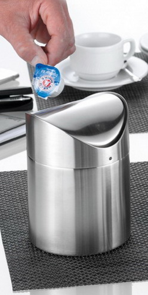 Tischabfallbehälter SWING mit Schwingdeckel, Material: Edelstahl 18/10, matt und gebürstet, Höhe: 165 mm, Durchmesser: 120 mm,