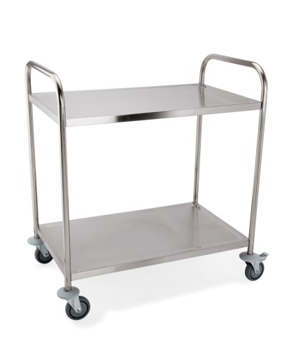 Servierwagen. 2 Borde. Edelstahl. 4 schwenkbare Rollen mit Rammschutz, davon 2 mit