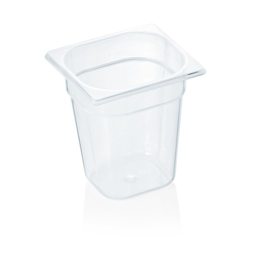 GN 1/6 Behälter, BPA frei, Deckel fest schließend, Behälter und Deckel können mit HACCP Clips farbig markiert werden, mit Skalierung.